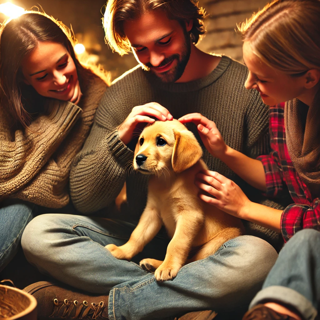 a family sitting together with a calm puppy, all interacting gently