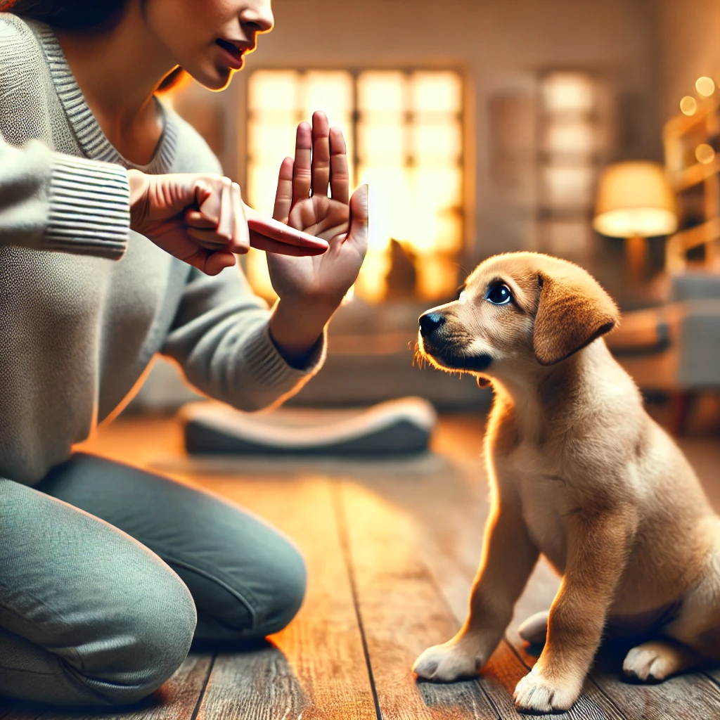 A person giving a hand signal to a puppy while saying a command