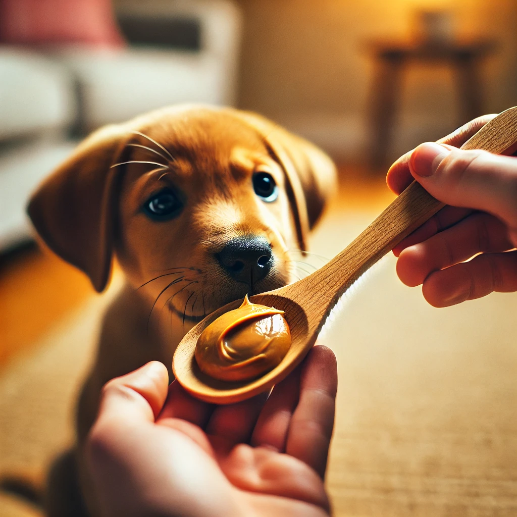  a wooden spoon with peanut butter being offered to a puppy