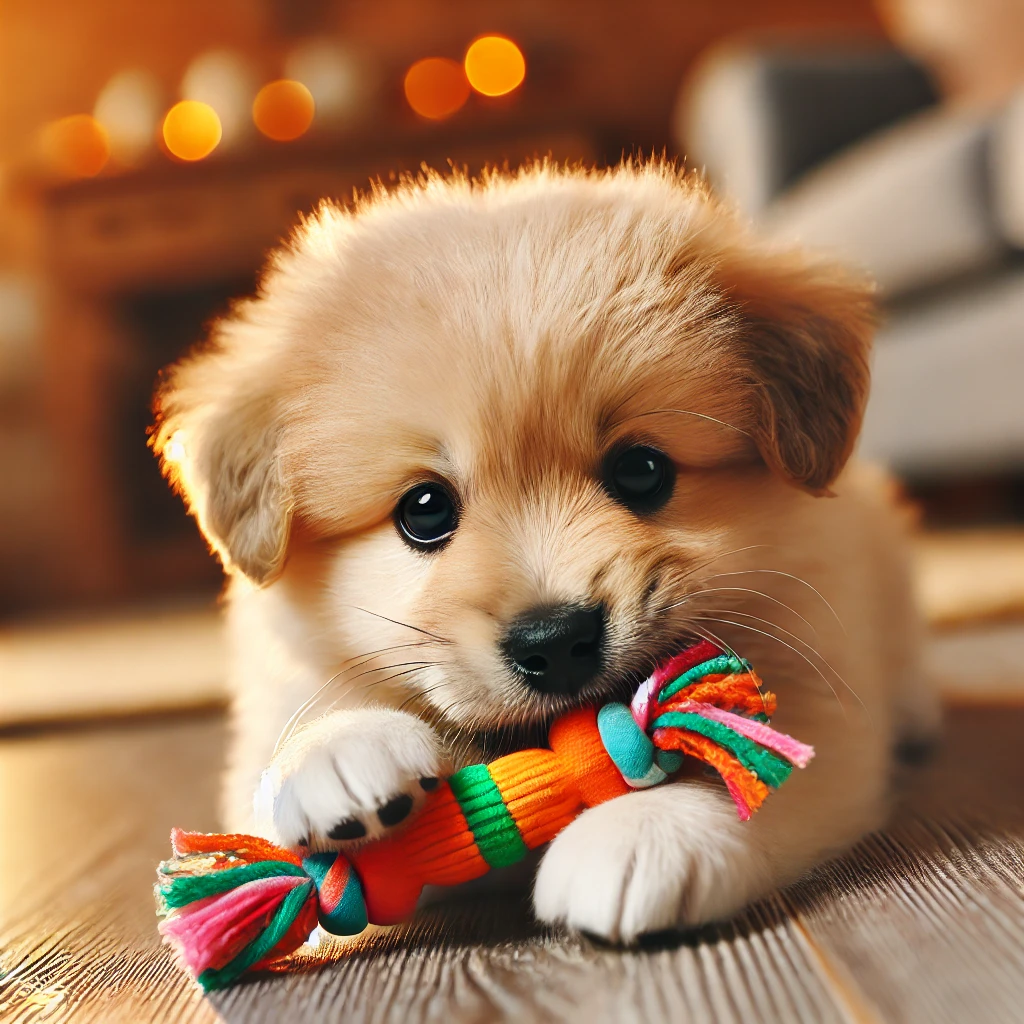  A puppy playing calmly with a chew toy]