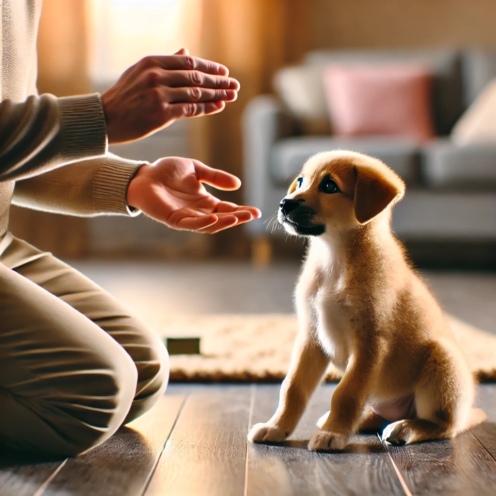 a puppy learning to sit calmly instead of jumping up