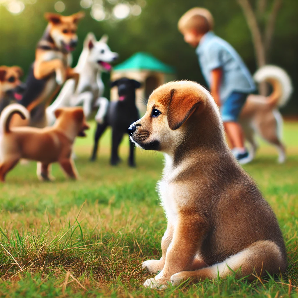 A puppy calmly observing other dogs at a distance

