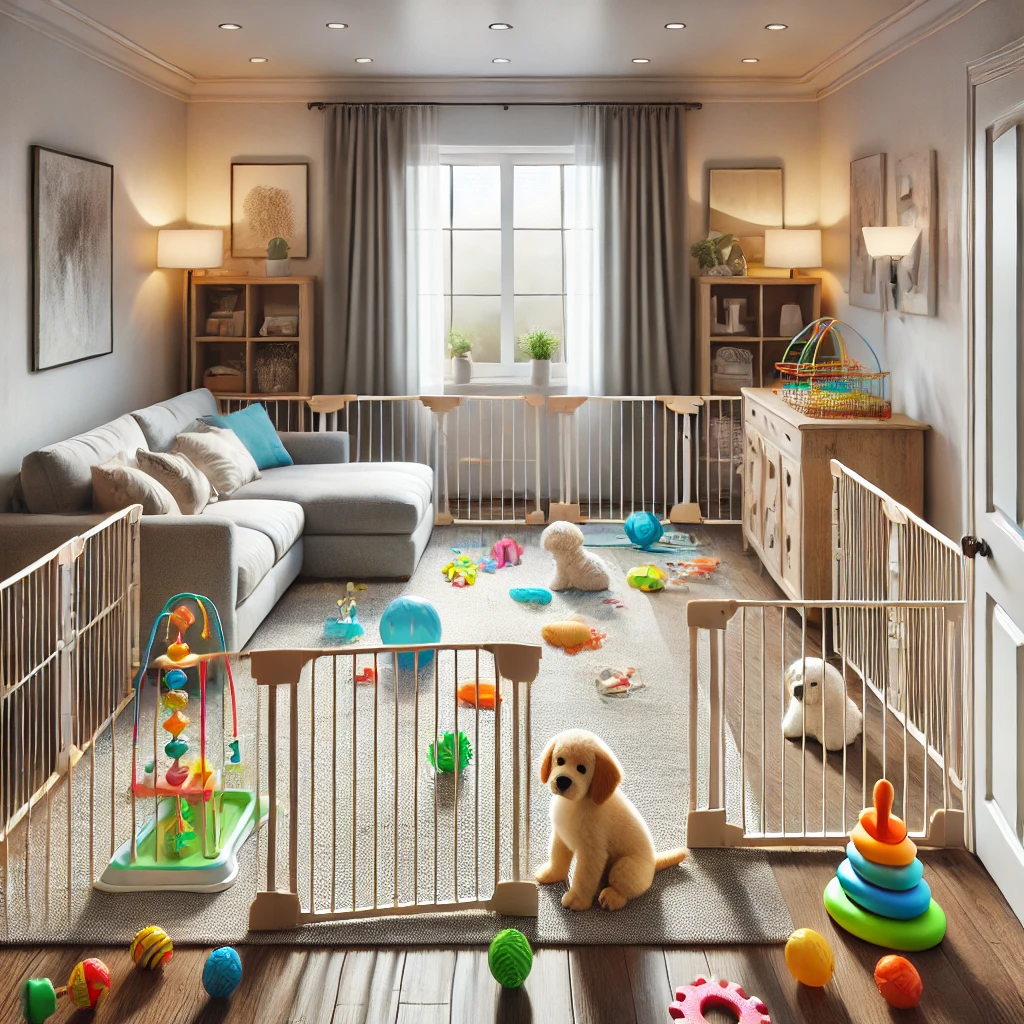 a puppy-proofed room with gates and safe toys.