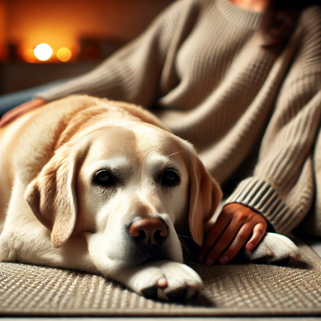 adult dog lying calmly next to its owne