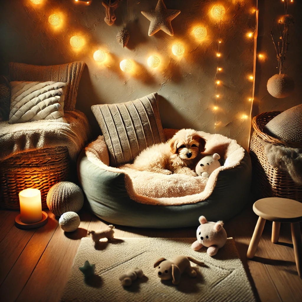  a cozy corner set up for a puppy with a bed, quiet toys, and soft lighting