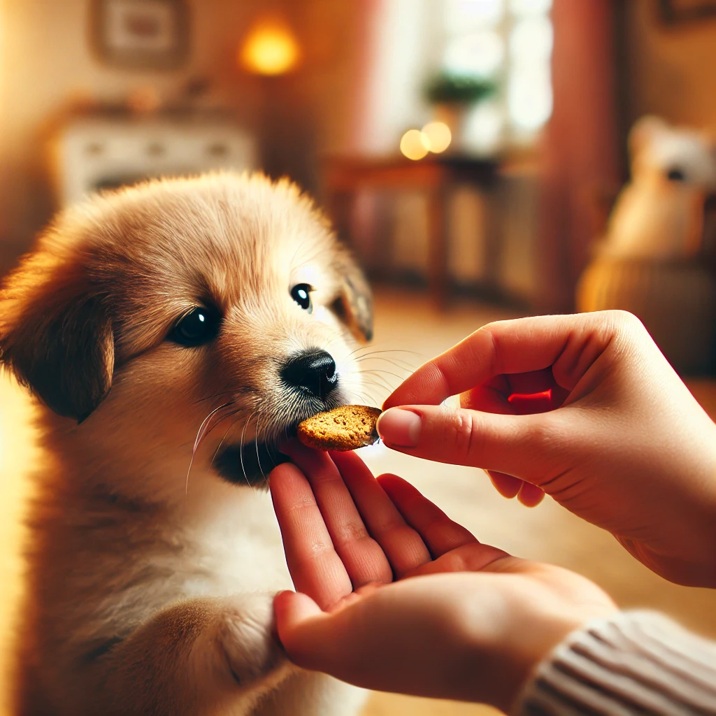  hand offering a treat to a puppy who is gently taking it