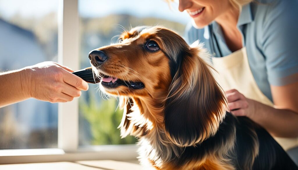 long-haired dachshund brushing