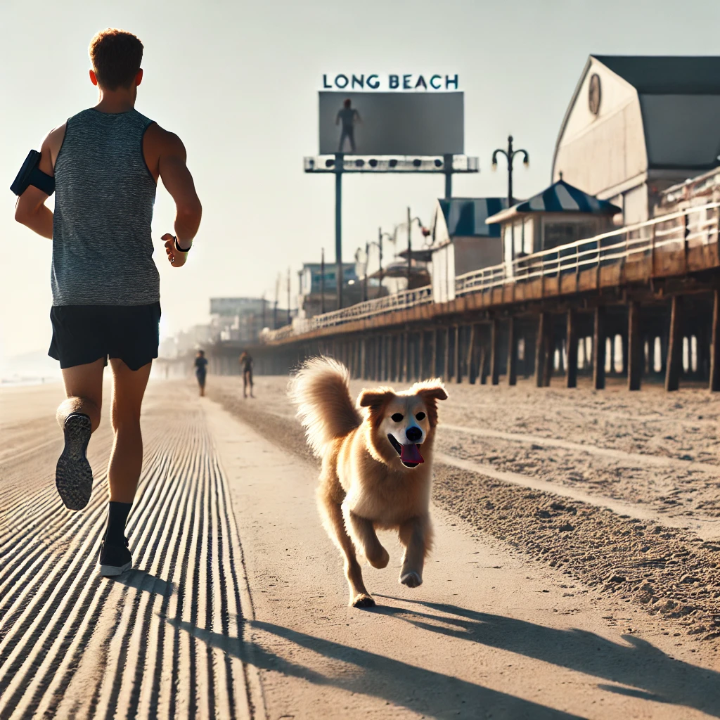 A dog and owner jogging along Long Beach during the off-season