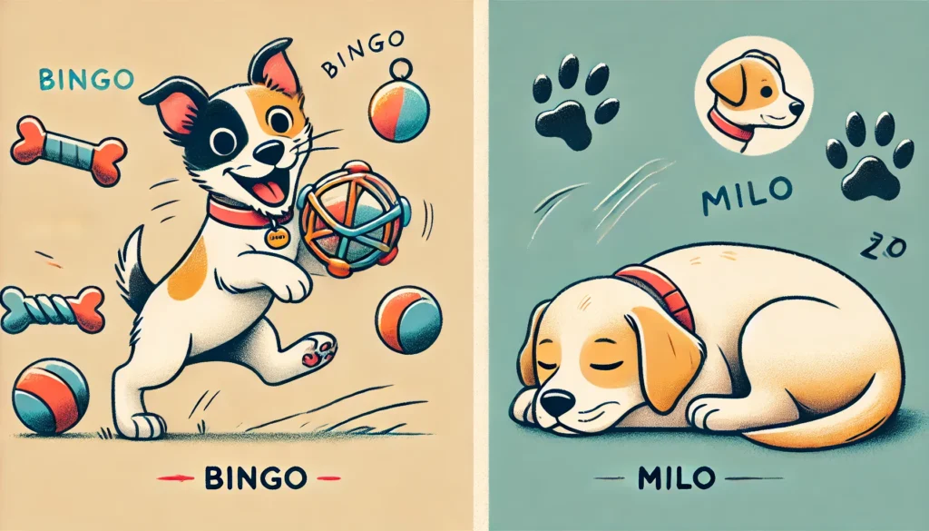 an energetic puppy playing with a toy and a calm puppy napping, each with a name tag that reflects their personality