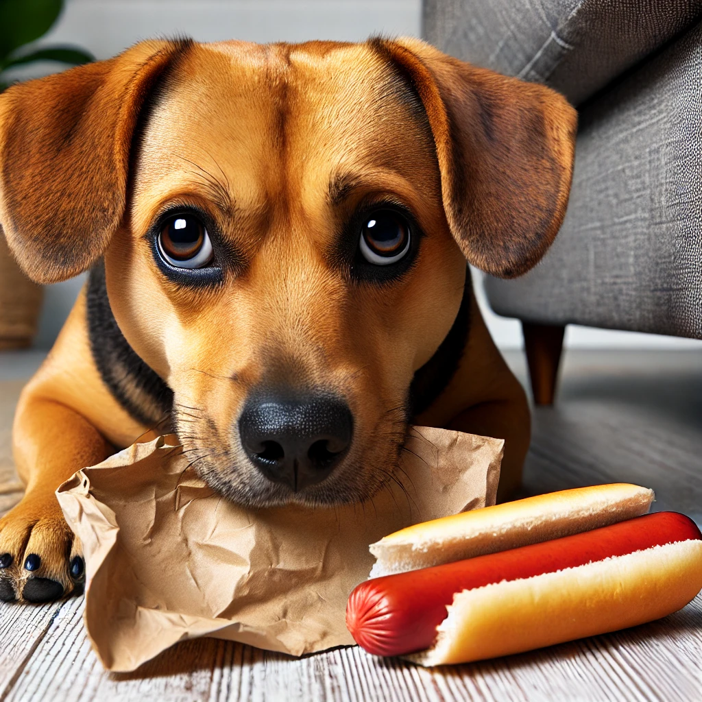  a dog with a hot dog wrapper, indicating they’ve gotten into something they shouldn’t have