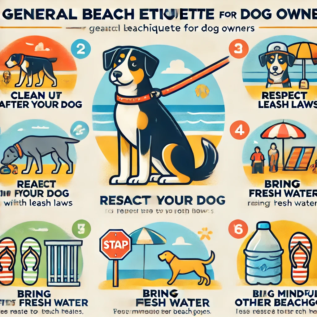 showing general beach etiquette for dog owners. Include icons for cleaning up after your dog