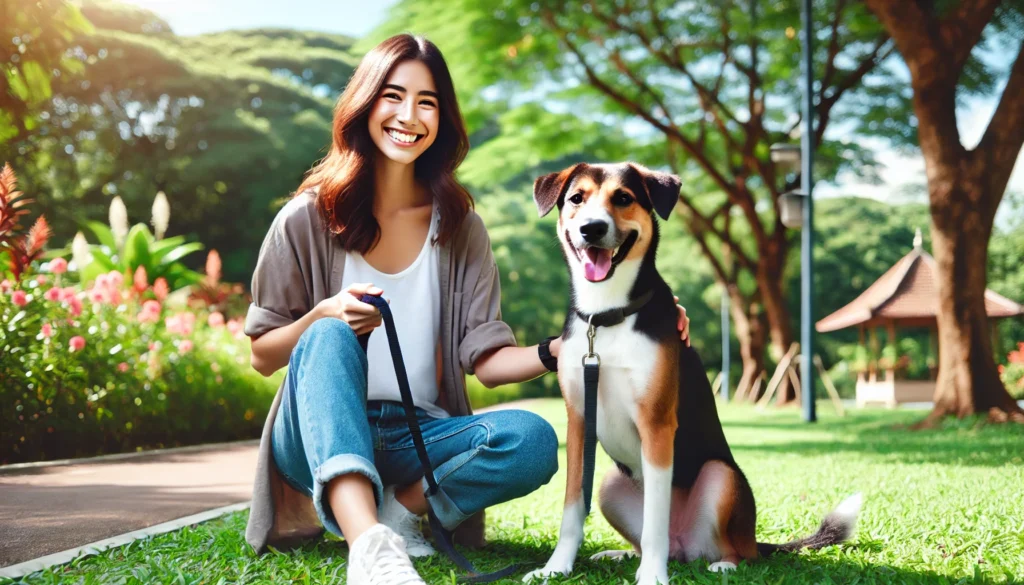 A happy owner with a well-behaved dog sitting together in a park