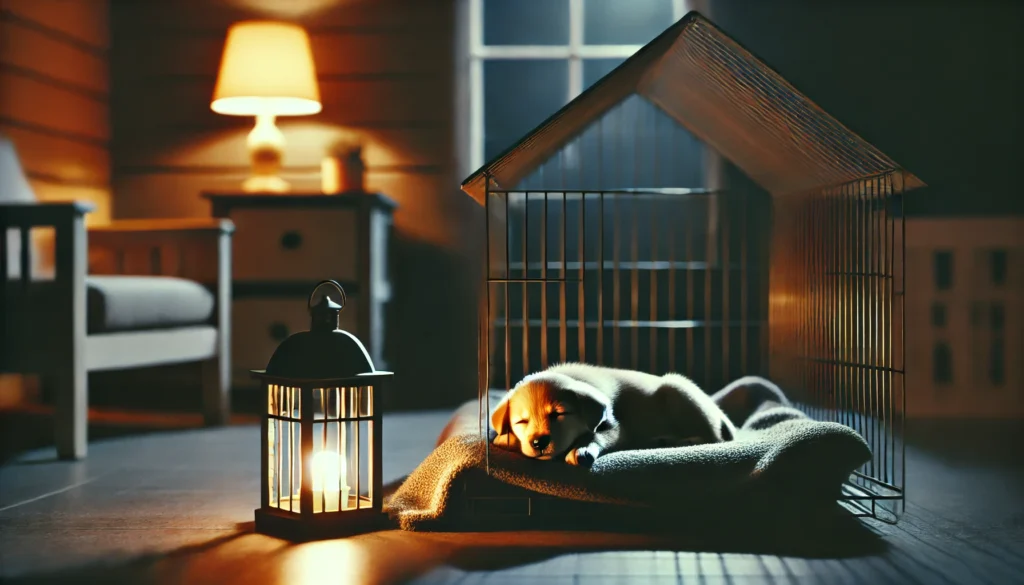 A peaceful scene of a puppy sleeping in a kennel at night