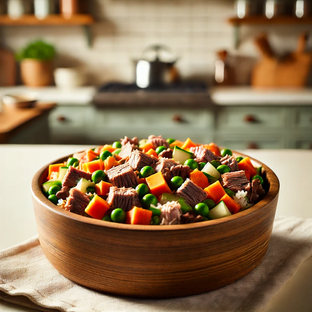 Prepared homemade dog meal in a bowl