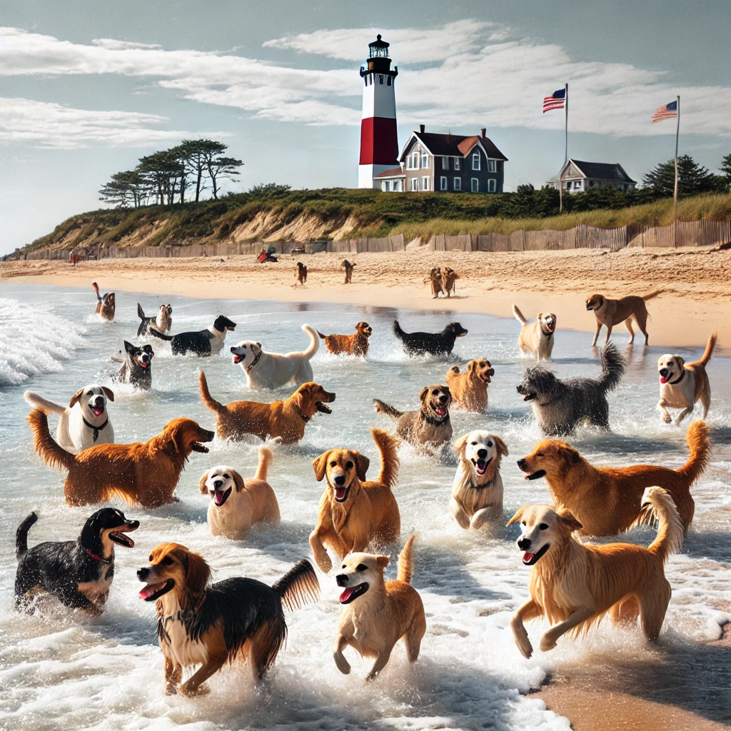 Dogs playing in the surf at Montauk Beach, with the iconic lighthouse visible in the distance