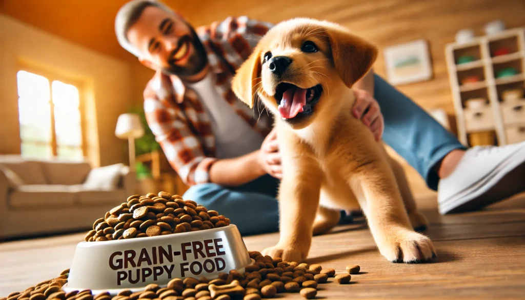 A happy, healthy puppy playing with its owner, with a bowl of grain-free puppy food