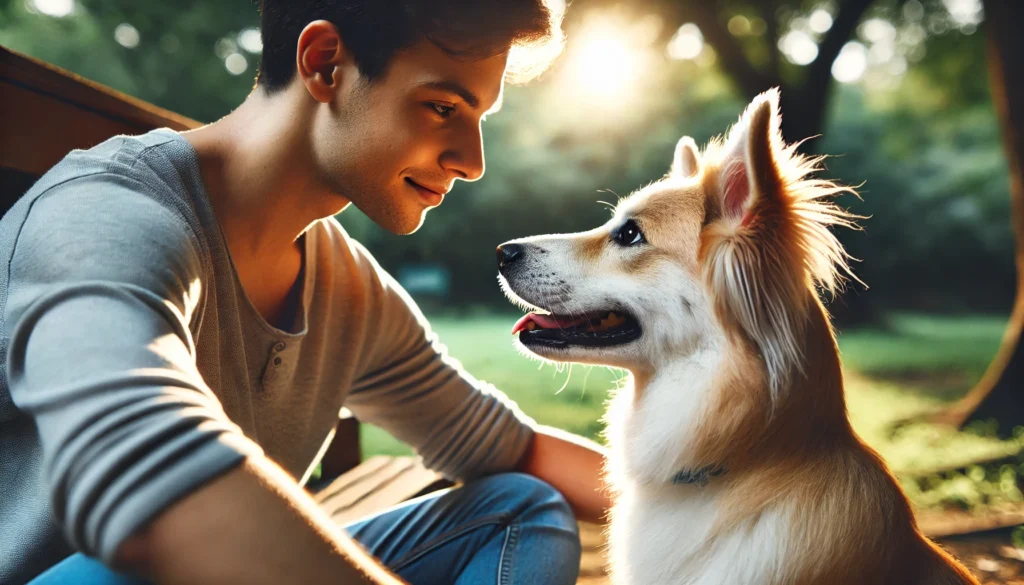 A heartwarming photo of a person and their dog looking at each other, demonstrating the strong bond formed through positive training