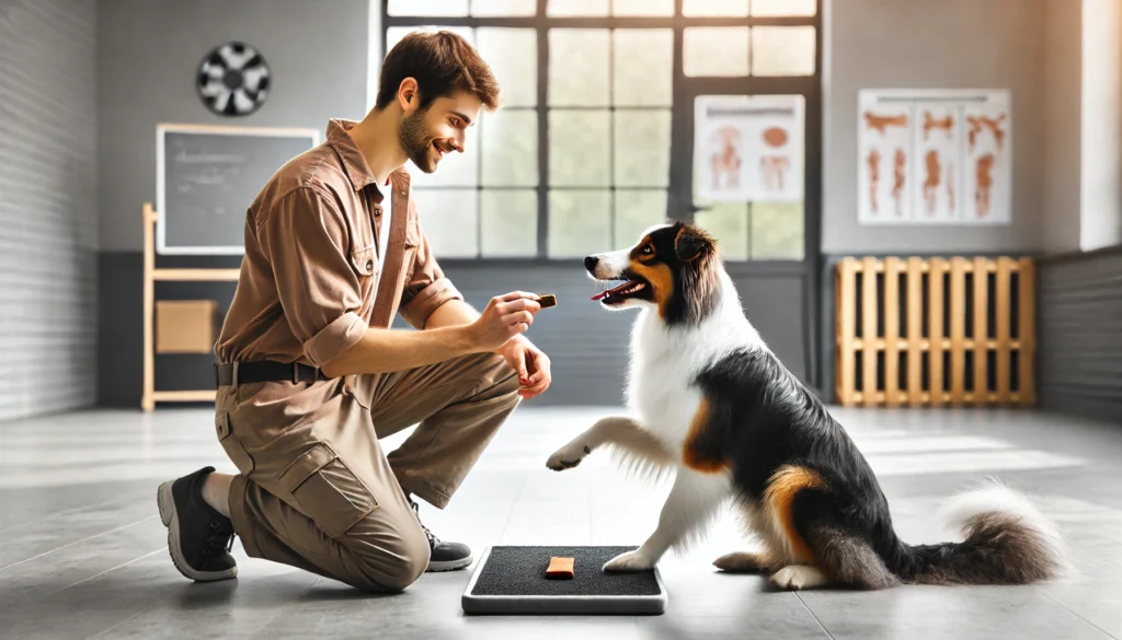 a professional dog trainer working with a dog, demonstrating a positive training technique