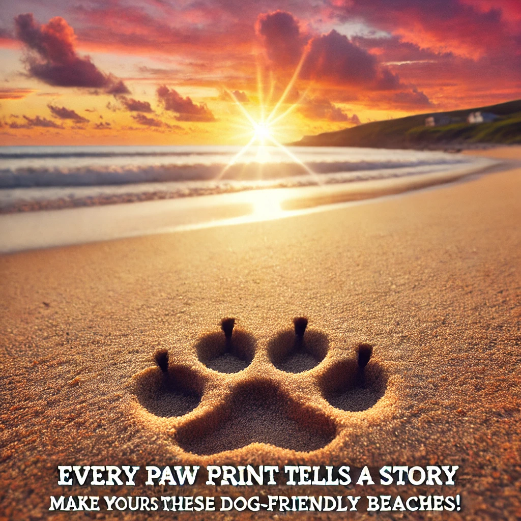 [Image 16: A dog paw print in the sand with a sunset in the background. Caption: "Every paw print tells a story – make yours at these dog-friendly beaches!"]