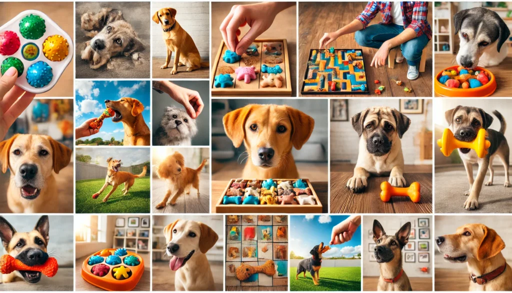 various forms of mental stimulation for dogs, such as puzzle toys, training sessions, and interactive games