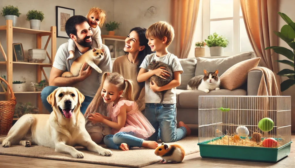 Family with children and multiple pets, showcasing compatibility