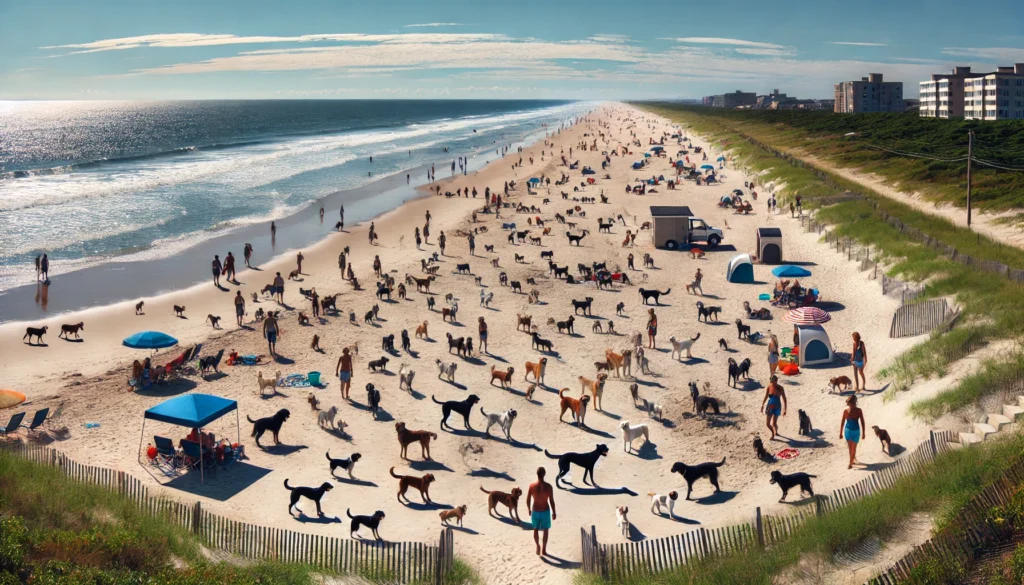 Dogs playing in the surf at Montauk Beach, with the iconic lighthouse visible in the distance]