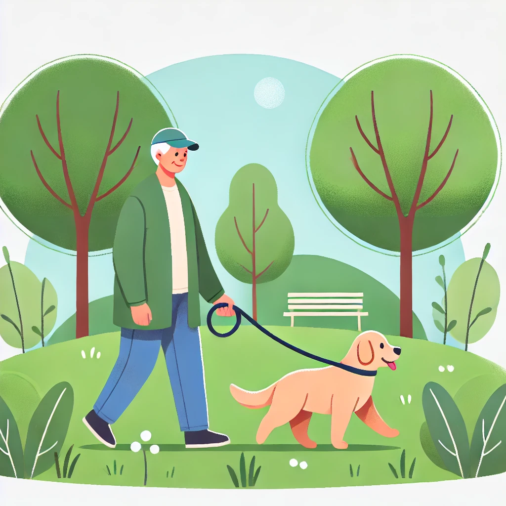 mage: Senior person walking with a quiet dog in a park.