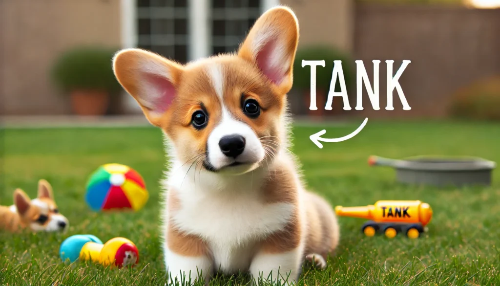 Corgi puppy with the name "Tank"