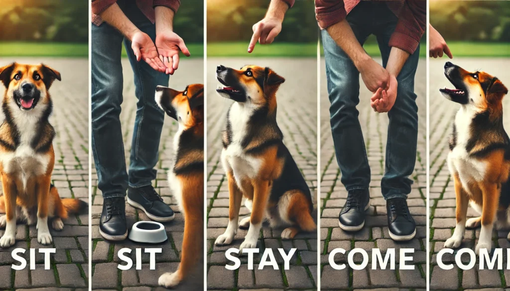 showing a dog demonstrating the "sit," "stay," and "come" commands