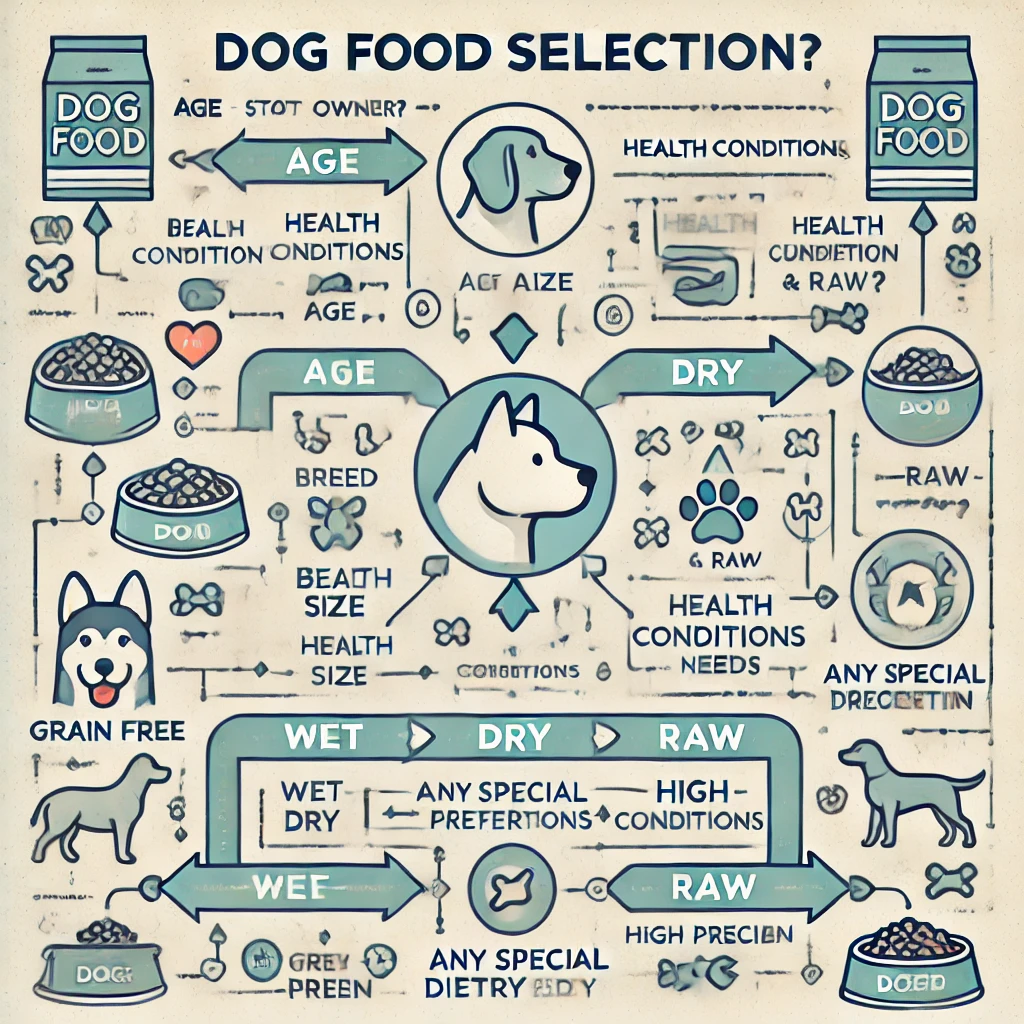 Flowchart guiding dog owners through food selection process]