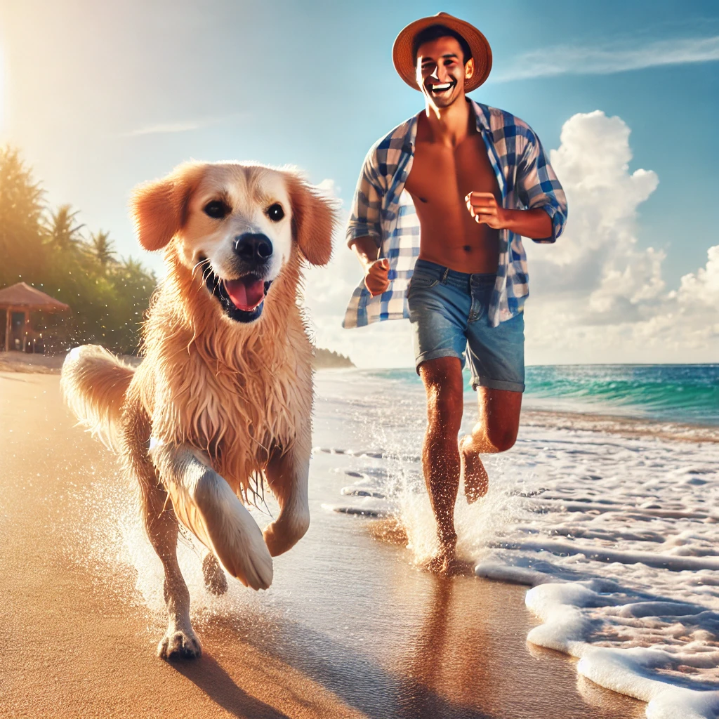 A happy dog running on a beach with its owner