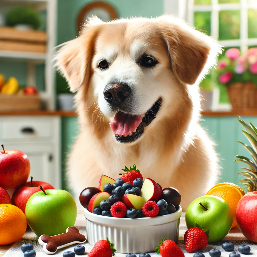 A dog enjoying a variety of safe, colorful fruits, showcasing healthy treat options