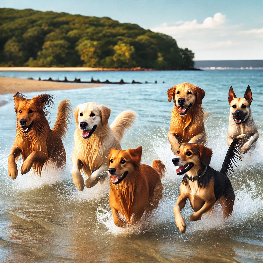 Dogs playing in the shallow waters of the Great South Bay at Gardiner County Park