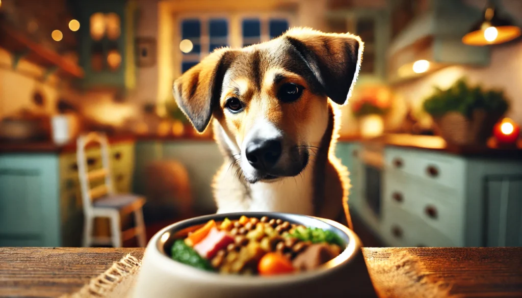  Dog looking curiously at a bowl of homemade food