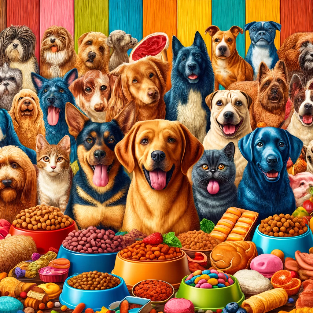  various dog breeds with different types of dog food