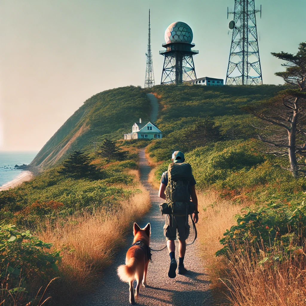 A dog and owner exploring the coastal trails at Camp Hero State Park