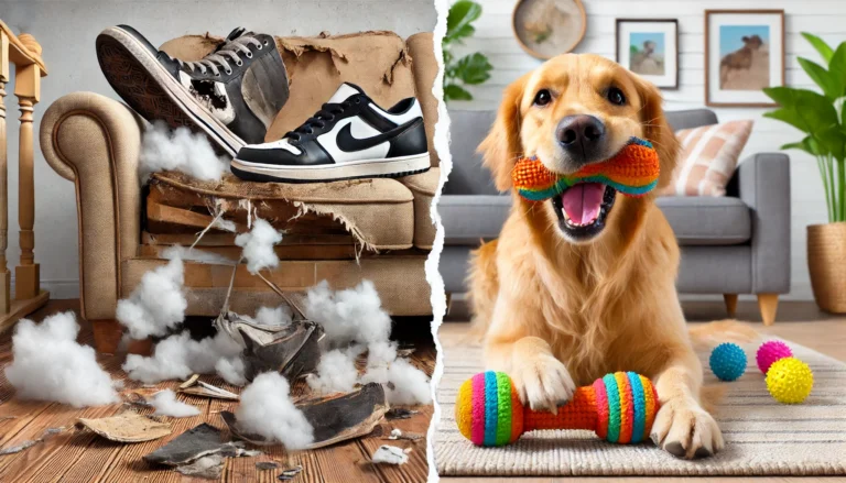 showing a destroyed shoe or furniture item on one side, and a happy dog chewing on an appropriate toy