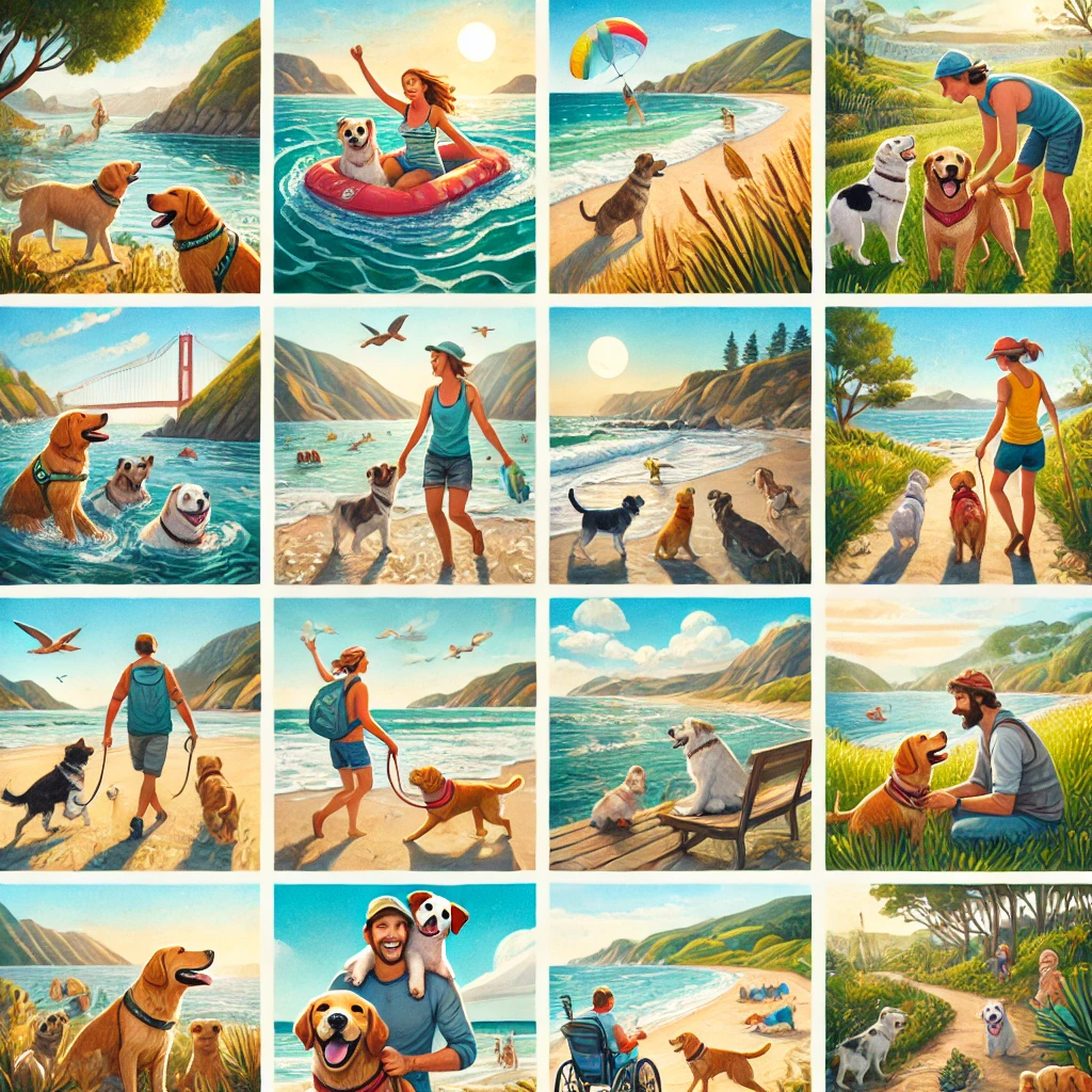 A collage of happy dogs and owners enjoying various beaches