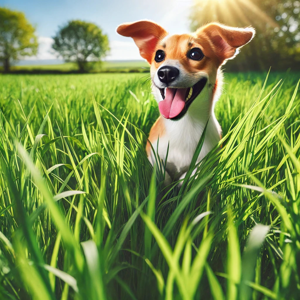 A joyful dog frolicking in lush green grass