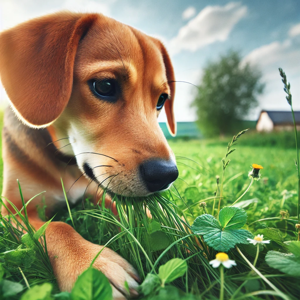 a curious dog nibbling on grass