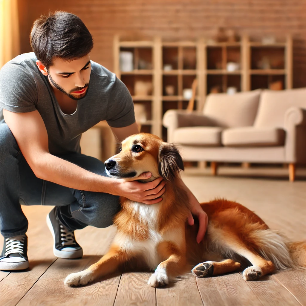 A concerned owner comforting a shaking dog