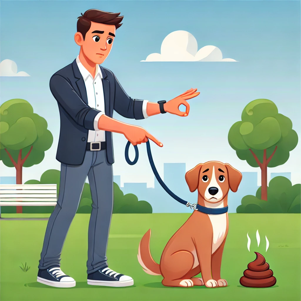 of a dog owner redirecting their pet's attention from feces