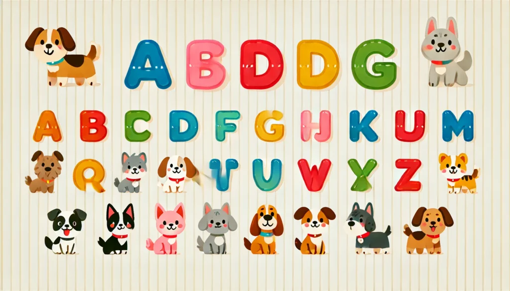  A playful alphabet design with each letter accompanied by a small dog icon