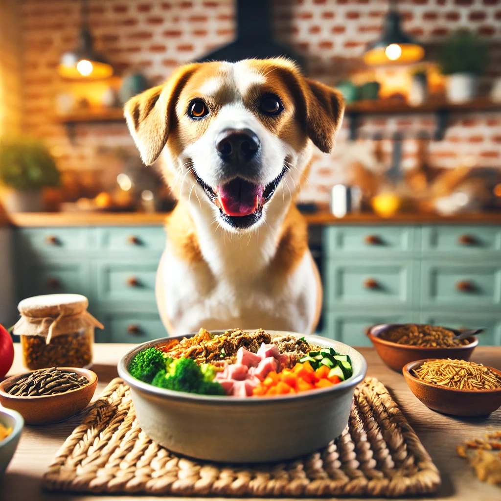 a happy dog eating from a bowl of homemade food