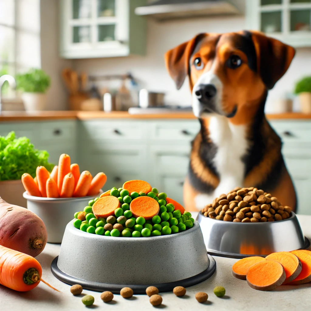 A balanced meal for a dog, featuring a mix of high-quality dog food and safe vegetables