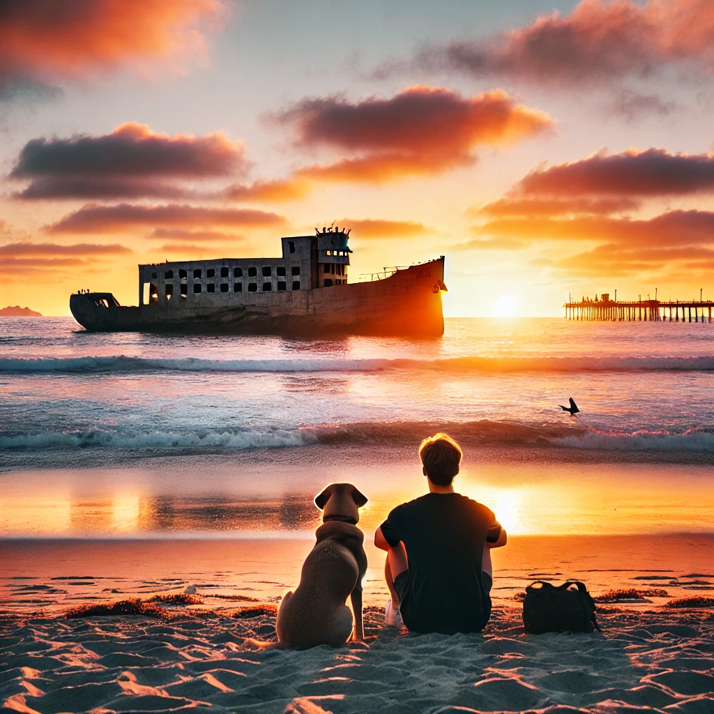 A dog and its owner watching the sunset at Sunset Beach