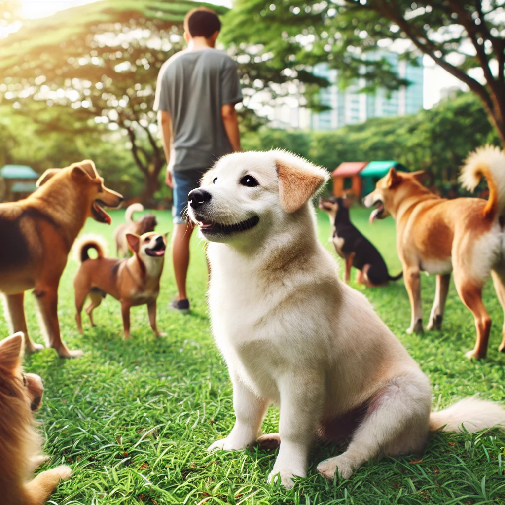 Quiet dog interacting with other dogs in a park.