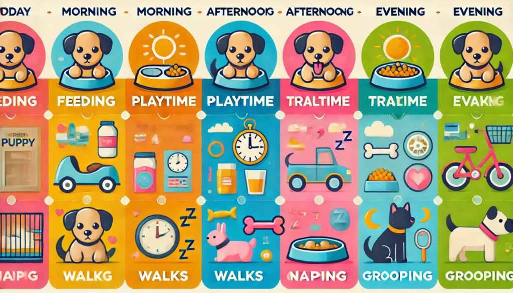 puppy schedule. The timeline features distinct sections for morning, afternoon, and evening activities with icons