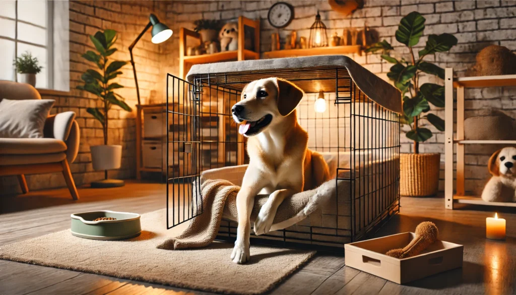 adult dog voluntarily entering or resting in their crate, symbolizing successful long-term crate training