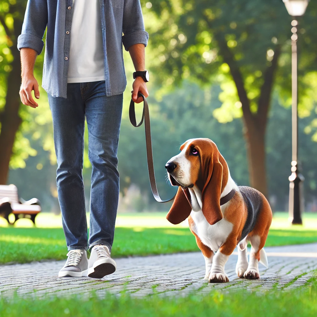 Owner walking a Basset Hound.